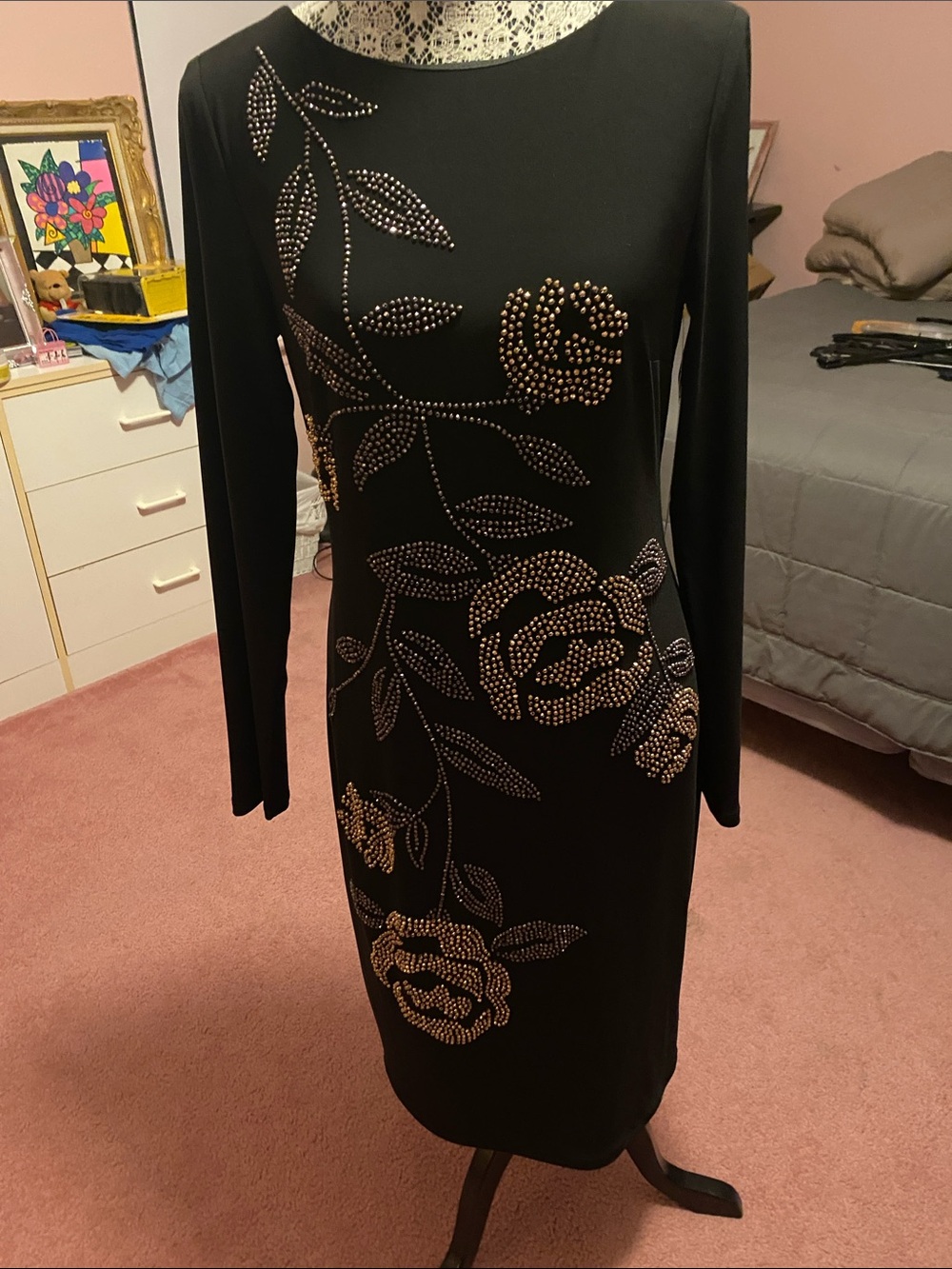 Joseph Ribkoff Black Long-Sleeve Sheath Dress with Gold and Stud Floral Design